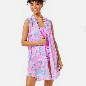 Lily Swim! Beautiful Natalie Shirt dress cover up in Prosecco Pink. Size M. EUC